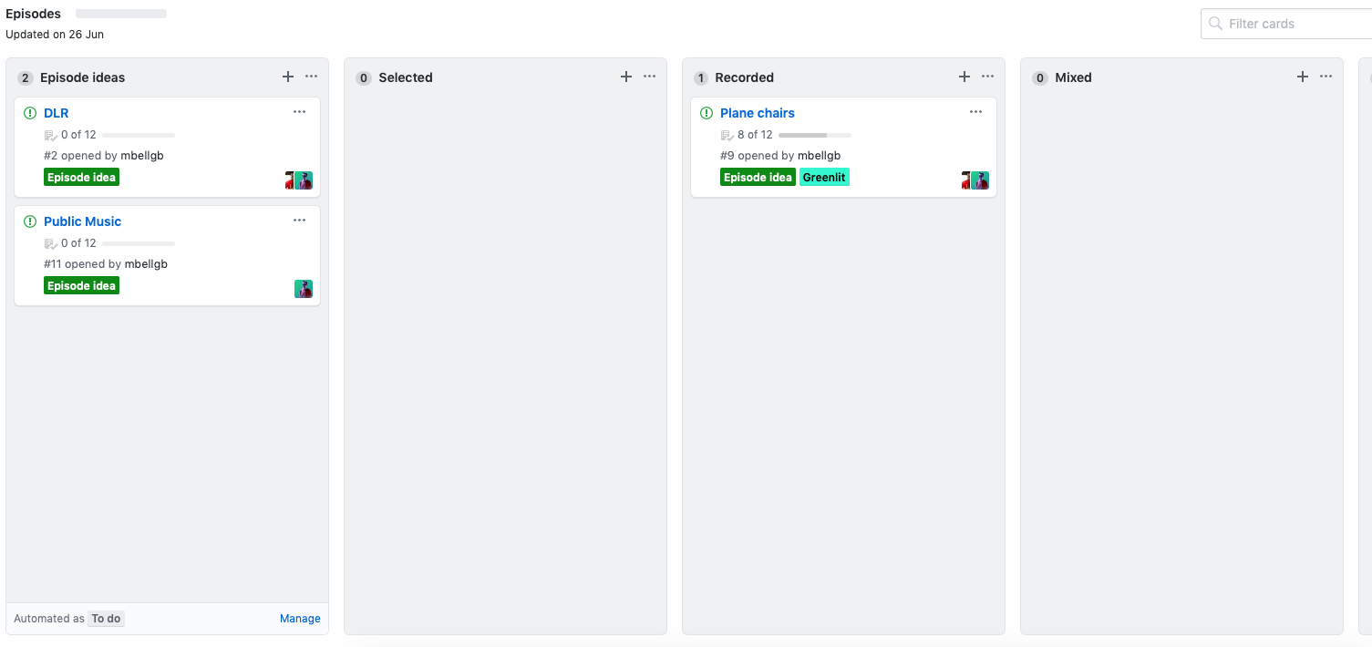 Screenshot of our projects board, showing columns: ideas, selected. recorded, mixed.