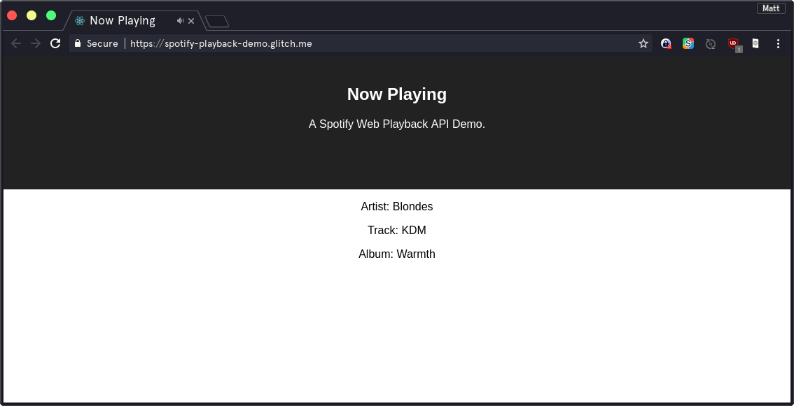 A screenshot of our app, showing the currently playing song