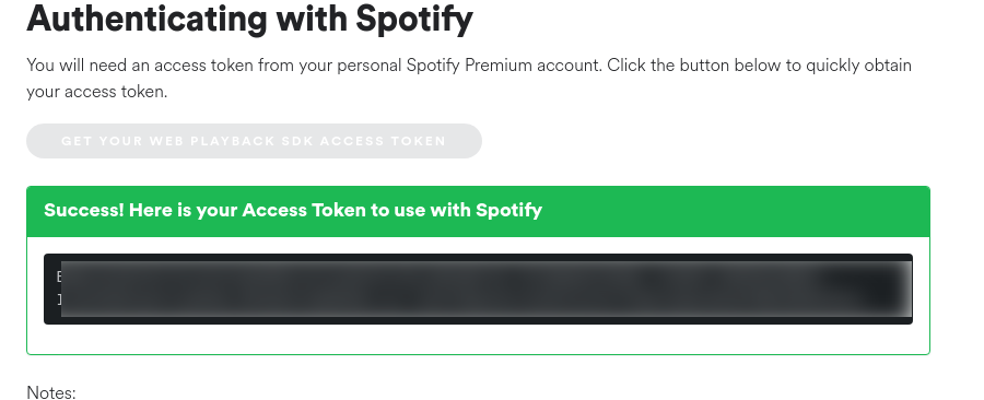 Spotify SDK access token screen, with the actual token blurred out for security reasons.